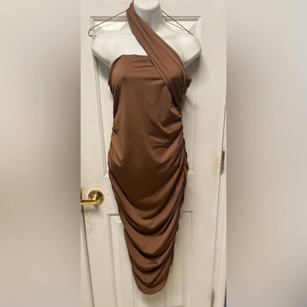 One  Shoulder Midi Dress Womens Large Mocha Asymmetric Cut